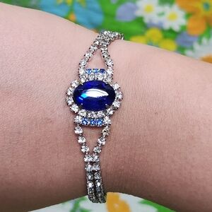Vintage 50s Rhinestone Blue Faux Sapphire Dainty Silver Bracelet
